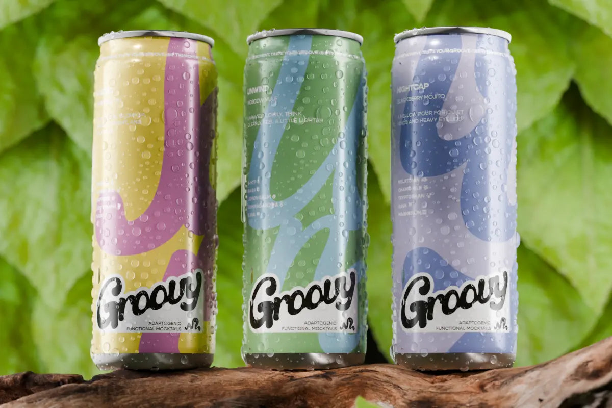 Groovy kava drink lineup featuring Social, Unwind, and Nightcap cans with condensation.