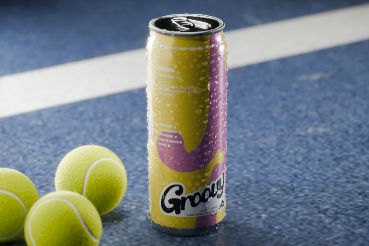 Ginseng plant ingredient blog featuring a cold can of Groovy Social, Pineapple Tiki beside tennis balls on a court.