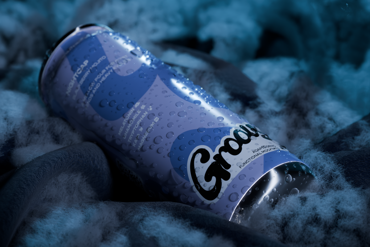 What is melatonin? Groovy Nightcap Blackberry Mojito functional mocktail can in a nighttime setting.