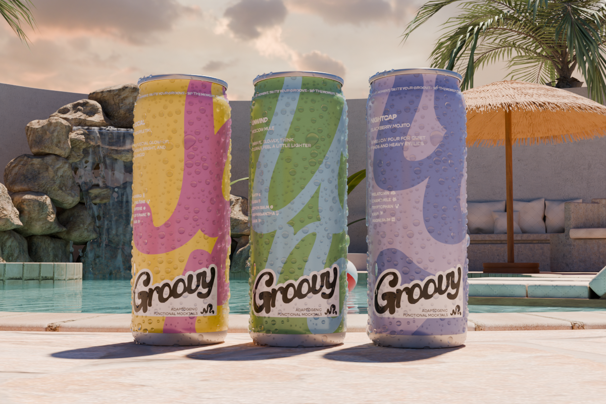 Three Groovy adaptogenic mocktails by a pool in Pineapple Tiki, Moscow Mule, and Blackberry Mojito flavors.