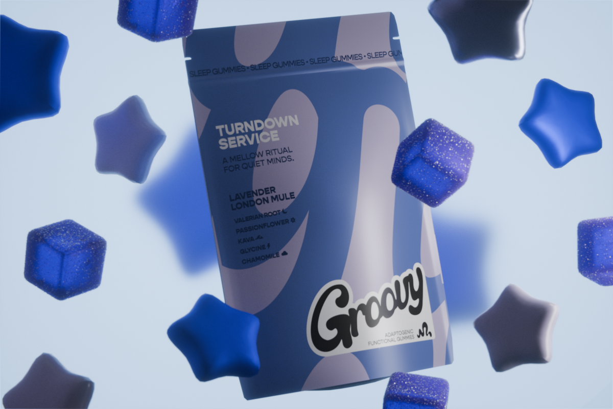 Groovy Turndown Service Lavender London Mule gummies with product pouch, functional ingredients, and nutrition facts