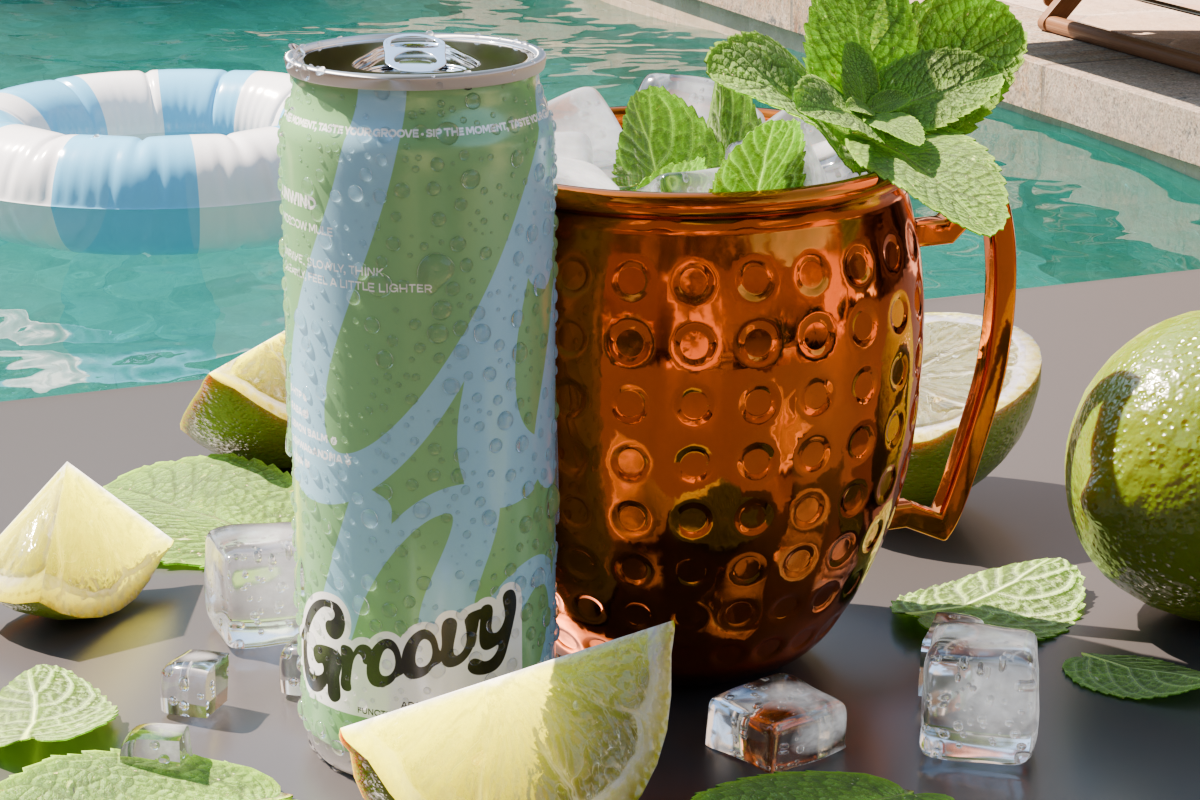 Wait until the final image is selected, then describe exactly what’s visible. If the image shows the prepared recipe, a natural option could be: Moscow Mule mocktail with lime and ice beside a can of Groovy Unwind.