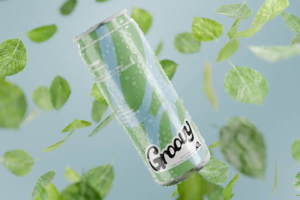 Kava plant leaves surrounding a chilled Groovy Unwind can.
