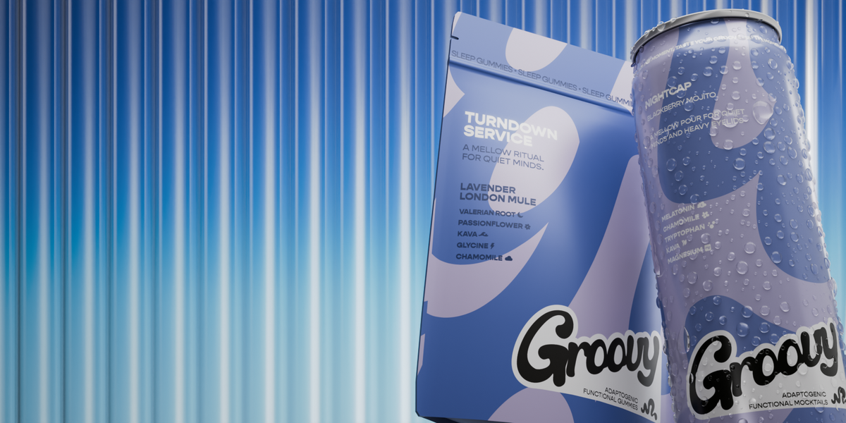 Groovy Night: Turndown Service sleep gummies and Blackberry Mojito mocktail cans on a shimmering blue curtain backdrop