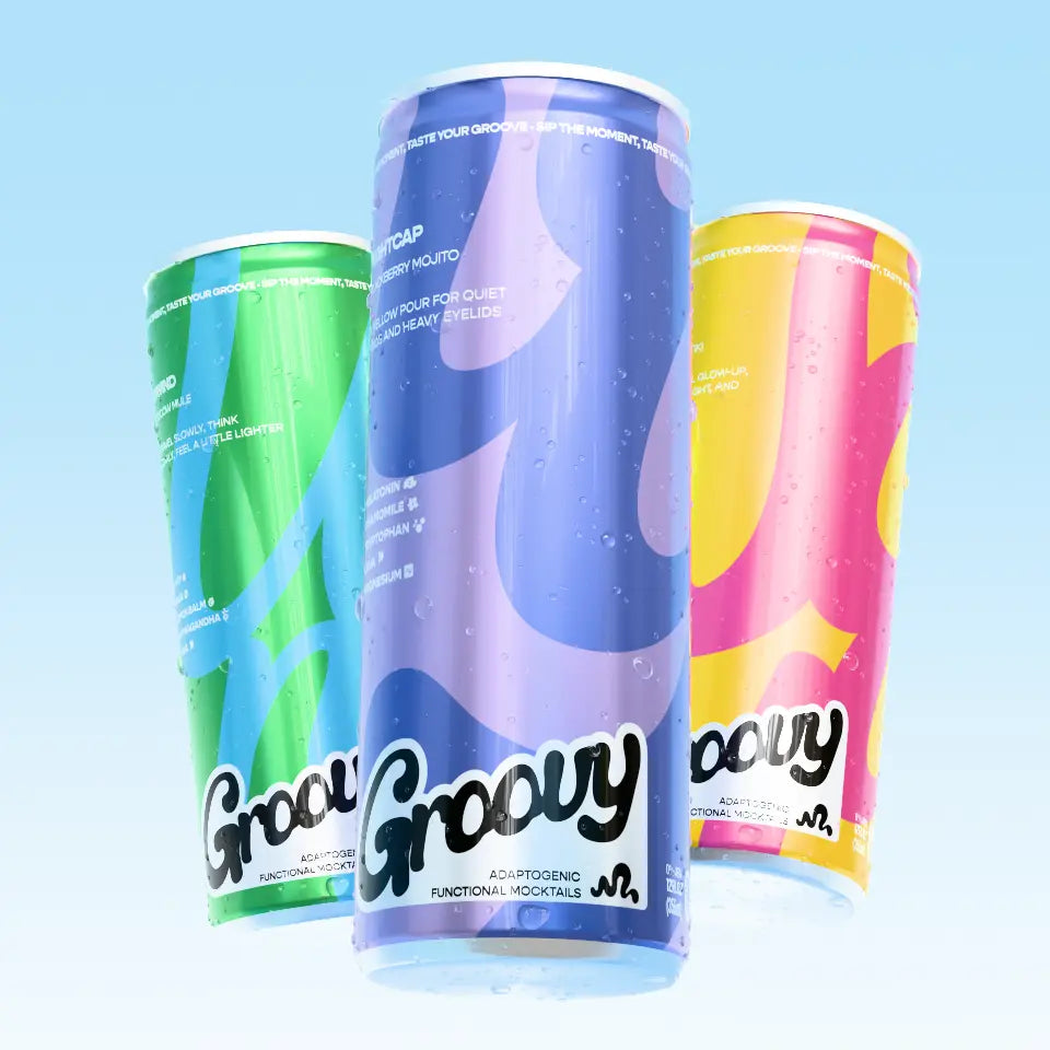 Three colorful cans of Groovy functional mocktails