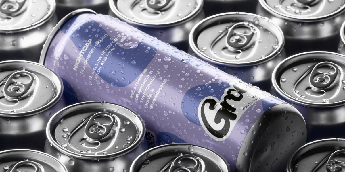 Groovy Nightcap functional drink can resting on chilled cans
