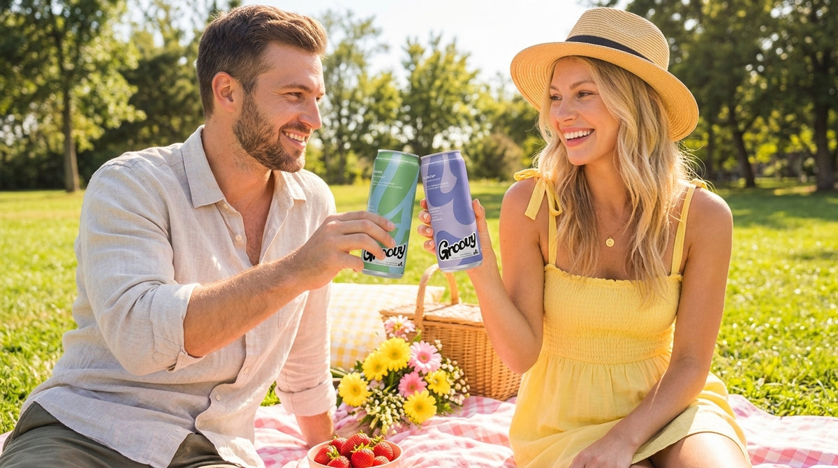 Friends toasting with Groovy drinks outdoors